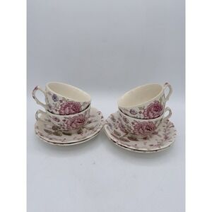 Vintage Johnson Brothers "Rose Chintz" Teacups and Saucers Set of 4